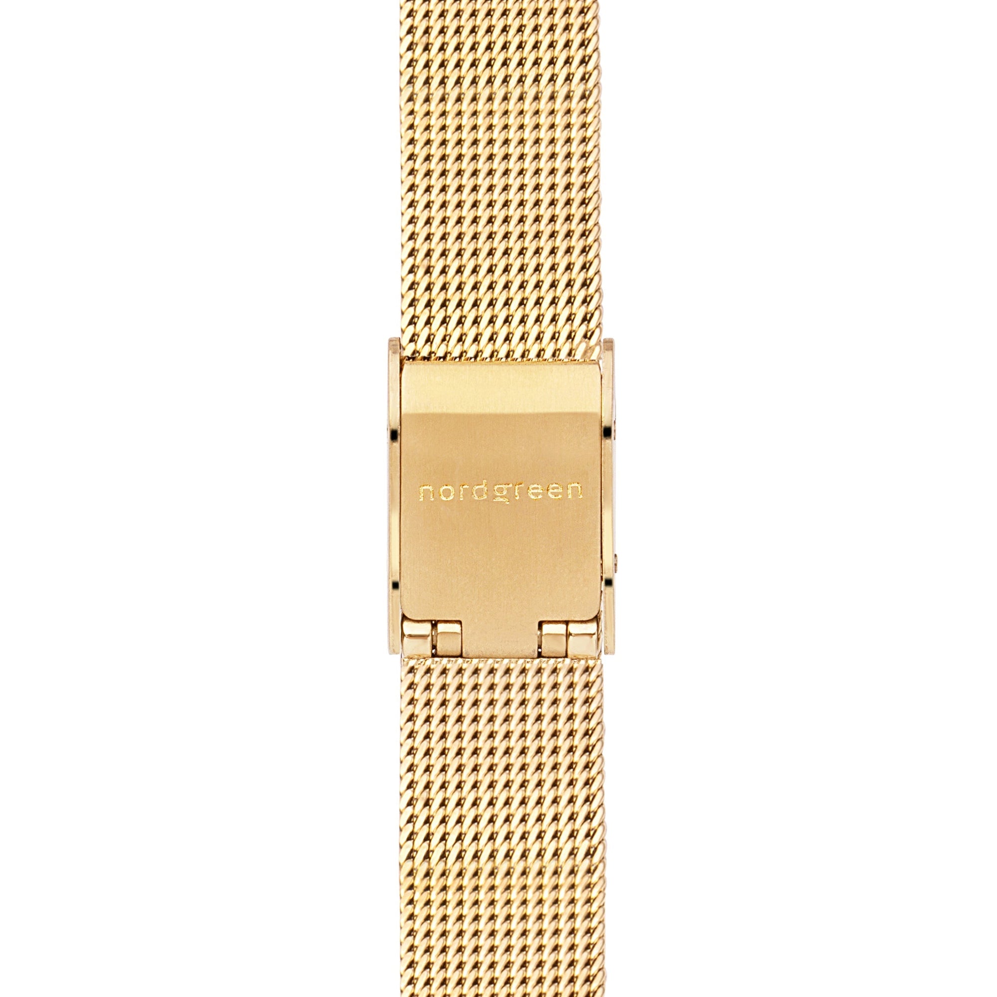 Eine goldene Armbanduhr namens Allure mit rechteckigem Gehäuse und minimalistischem Design. Das Zifferblatt ist weiß mit kleinen Punkt-Stundenmarkierungen, ohne Zahlen, und die Marke &#39;Nordgreen&#39; ist in der Mitte des Zifferblatts platziert.