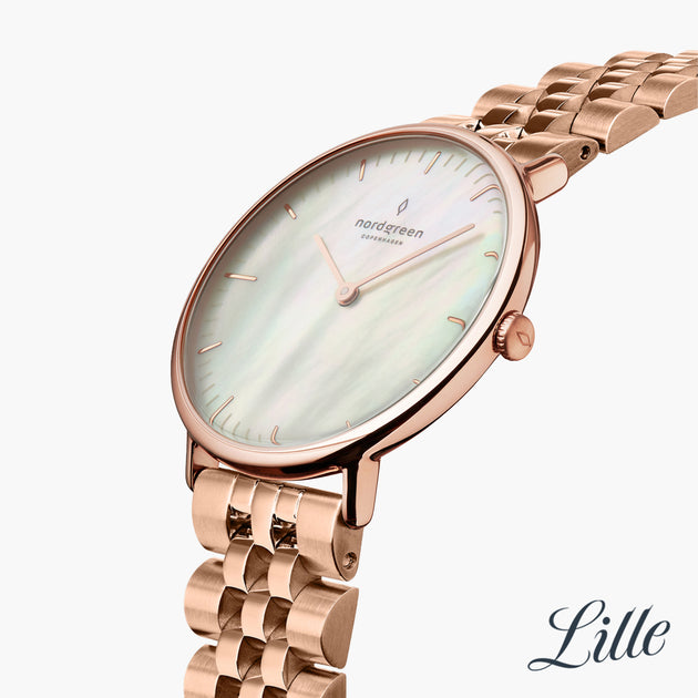Native - SET Mother of Pearl Ziffernblatt Roségold | Armbänder 5-Link / Braun / Schwarz
