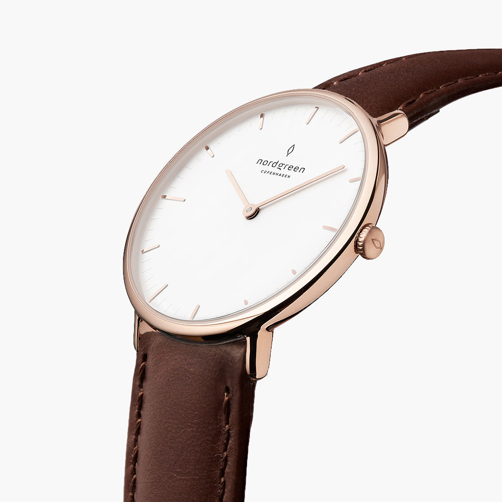 Native - SET Weißes Ziffernblatt Roségold | Armbänder 5-Link / Braun