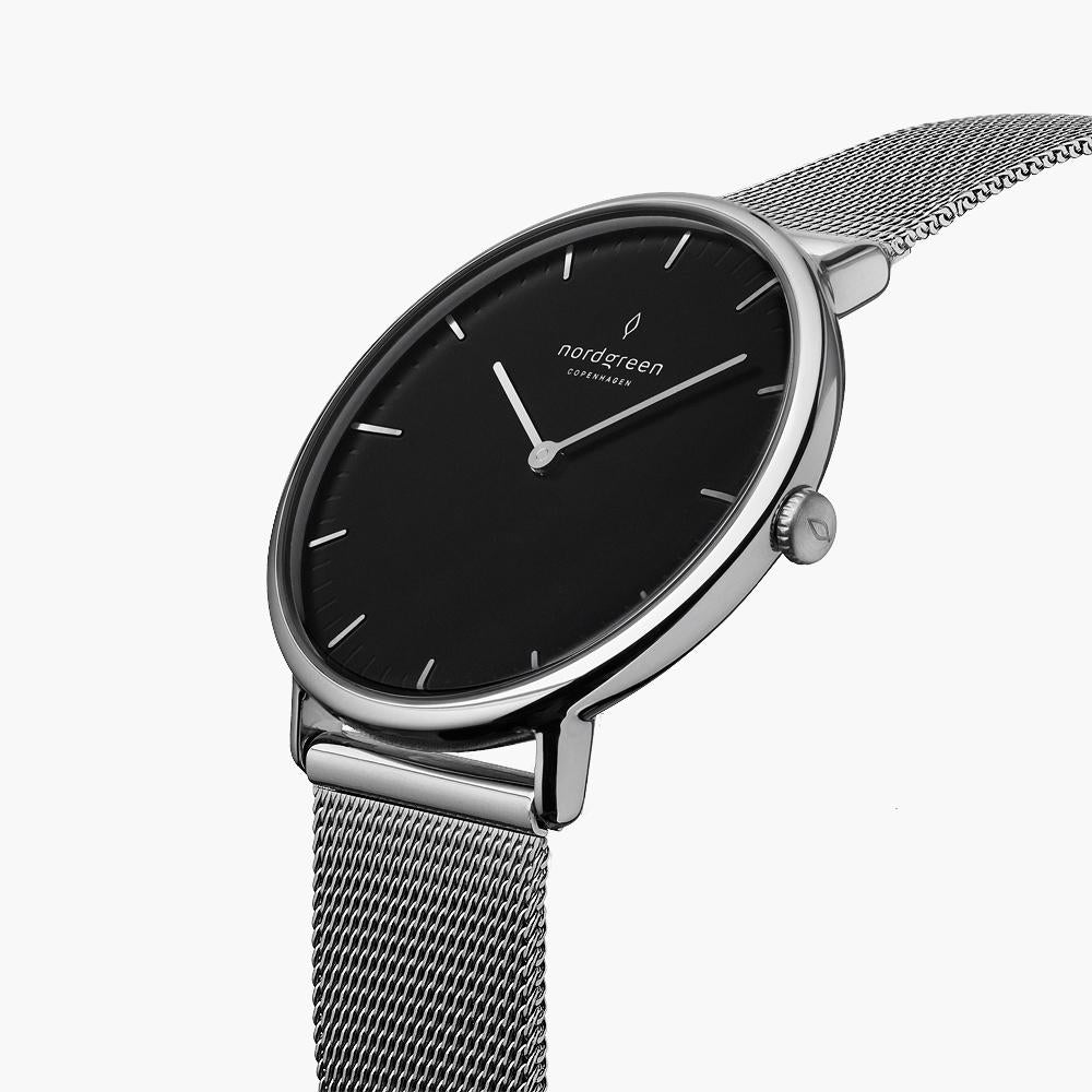 Native - SET Schwarzes Ziffernblatt Silber | Armbänder Braun / Schwarz / Mesh