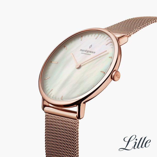 Native - SET Mother of Pearl Ziffernblatt Roségold | Armbänder 5-Link / Schwarz / Mesh