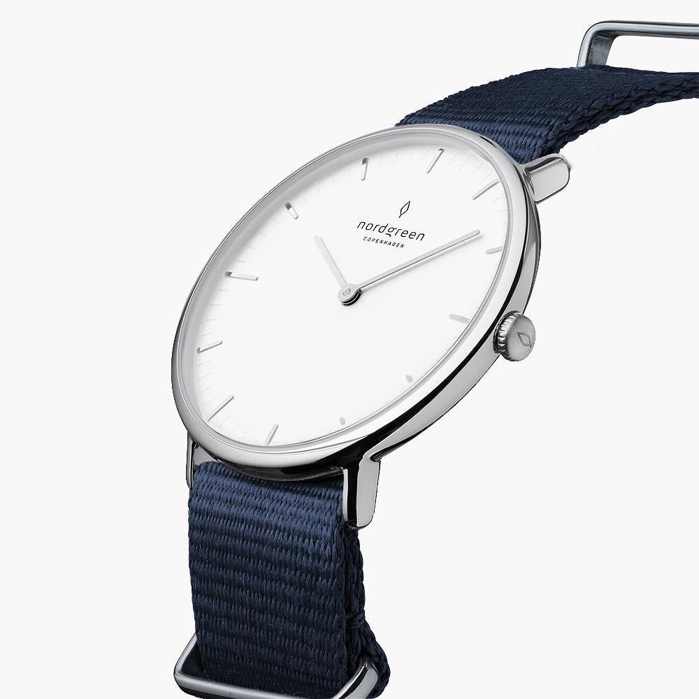 Native - SET Weißes Ziffernblatt Silber | Armbänder Mesh / Nato Navy Blau / Schwarz