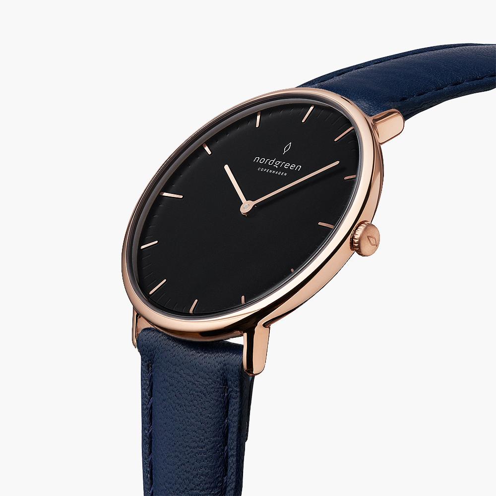 Native - SET Schwarzes Ziffernblatt Roségold | Armbänder Braun / Schwarz / Navy Blau