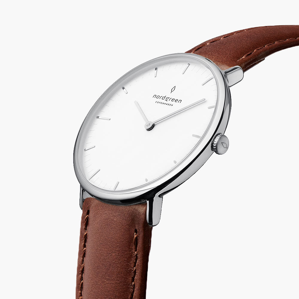 Native - SET Weißes Ziffernblatt Silber | Armbänder Silber-Gold 5-Link Armband / Braun