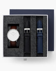 Native - SET Weißes Ziffernblatt Silber | Armbänder Braun / Schwarz / Navy Blau