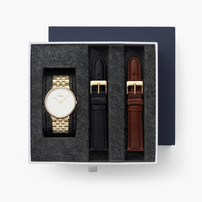 Native - SET Weißes Ziffernblatt Gold | Armbänder 5-Link / Schwarz / Braun