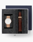 Native - SET Weißes Ziffernblatt Roségold | Armbänder 5-Link / Braun