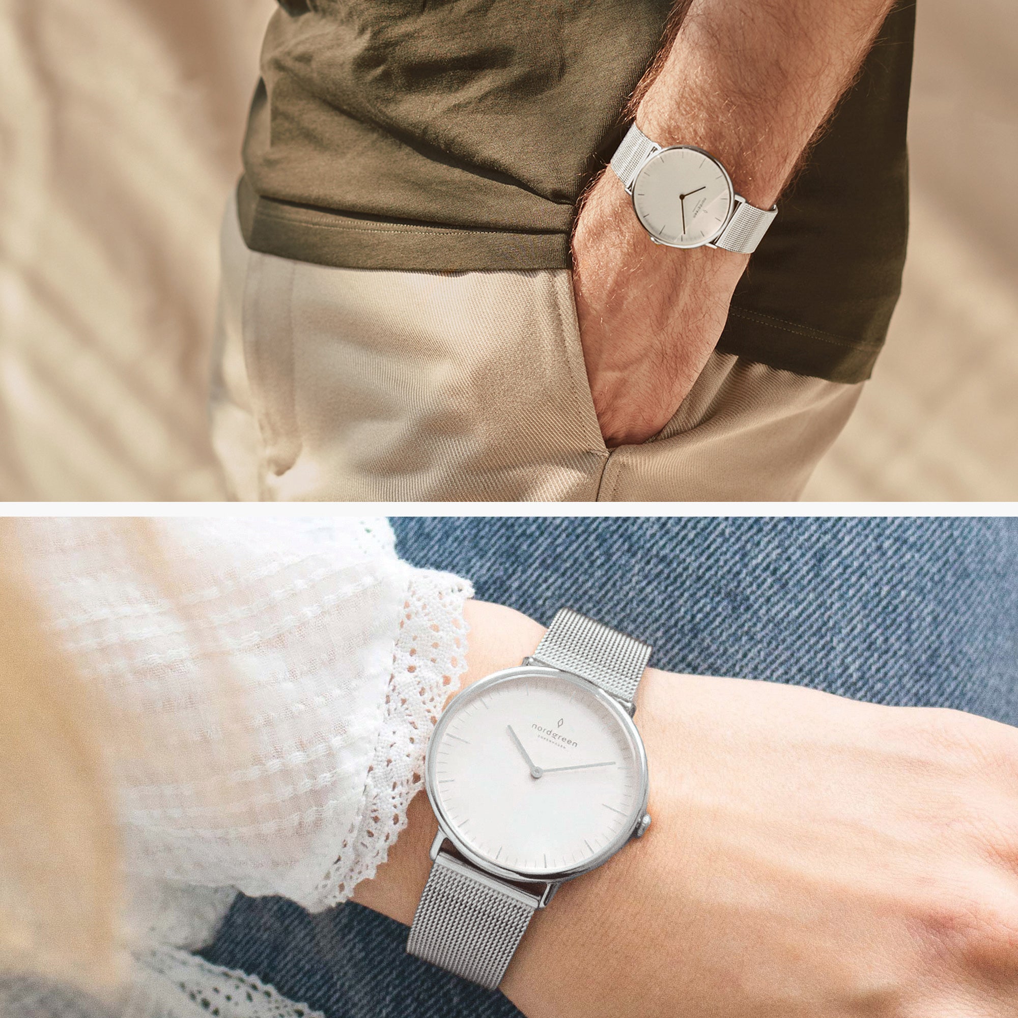 Native - SET Weißes Ziffernblatt Silber | Armbänder Mesh / Nato Navy Blau / Schwarz