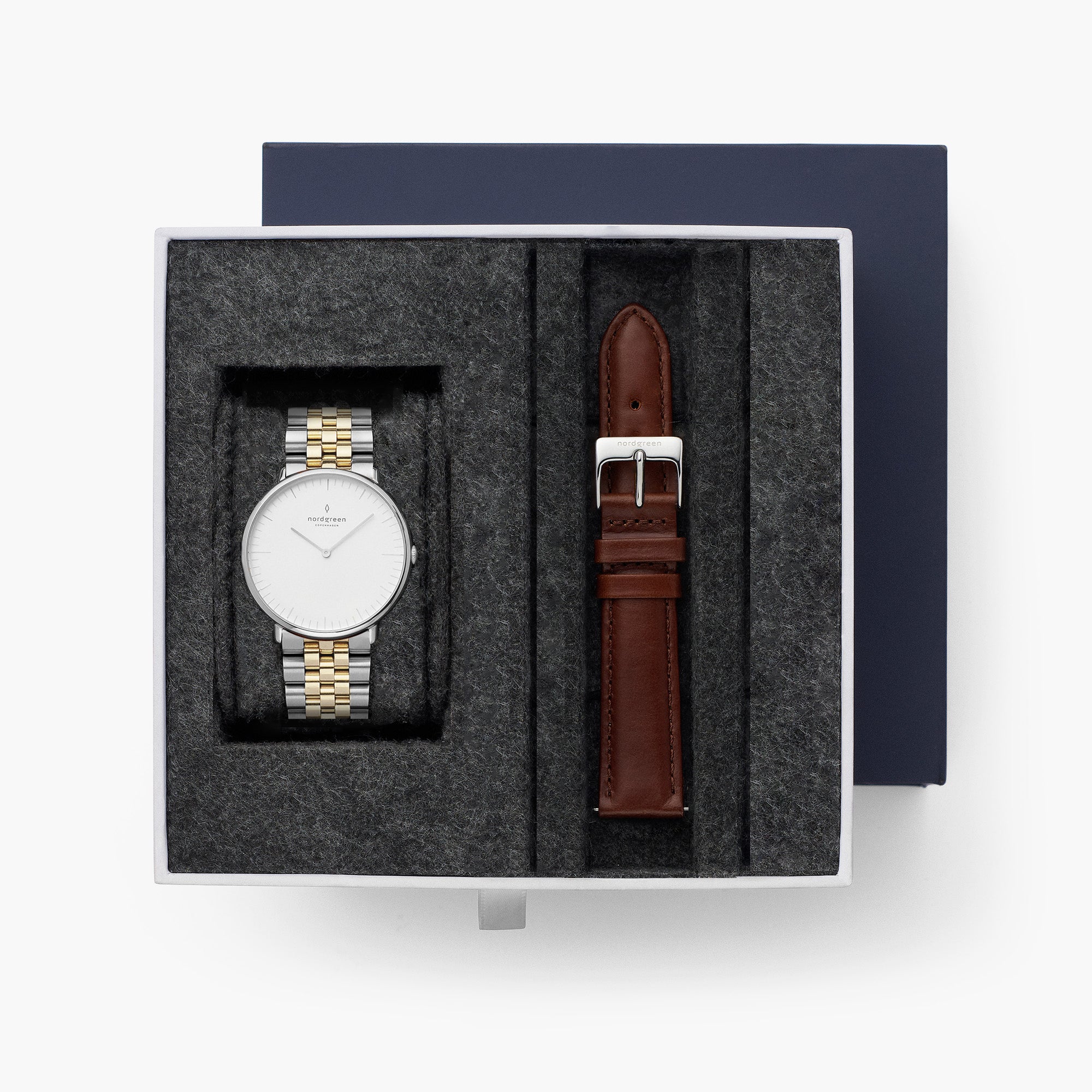 Native - SET Weißes Ziffernblatt Silber | Armbänder Silber-Gold 5-Link  Armband / Braun