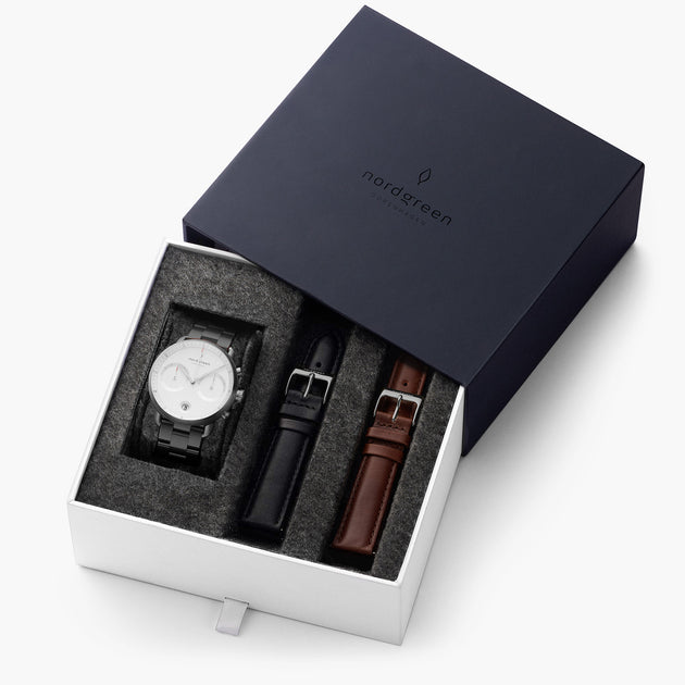 Pioneer - SET Weißes Ziffernblatt Anthrazit | Armbänder 3-Link / Braun / Schwarz