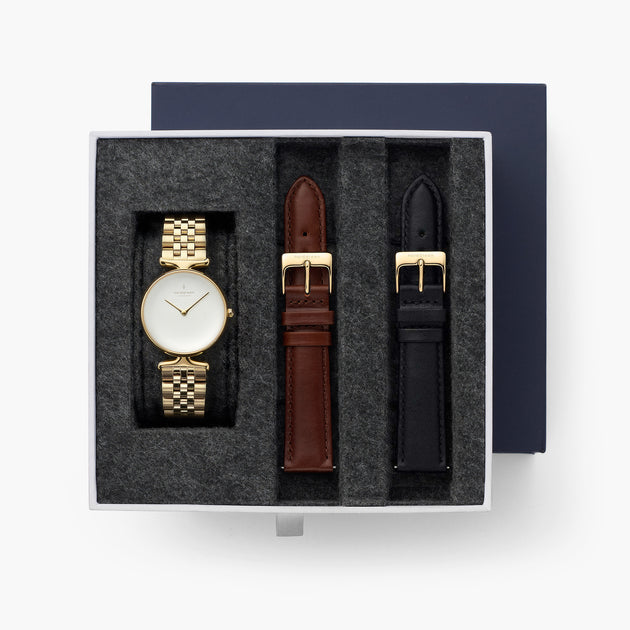 Unika - SET Weißes Ziffernblatt Gold | Armbänder 5-Link / Braun / Schwarz