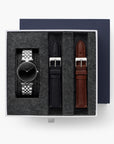 Unika - SET Schwarzes Ziffernblatt Silber | Armbänder 5-Link / Braun / Schwarz