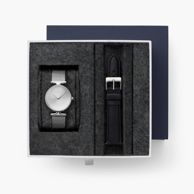 Unika - SET Mattes Edelstahl Ziffernblatt Silber | Armbänder Mesh / Schwarz
