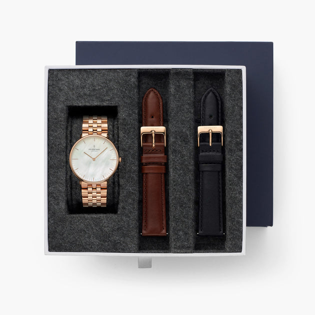 Native - SET Mother of Pearl Ziffernblatt Roségold | Armbänder 5-Link / Braun / Schwarz